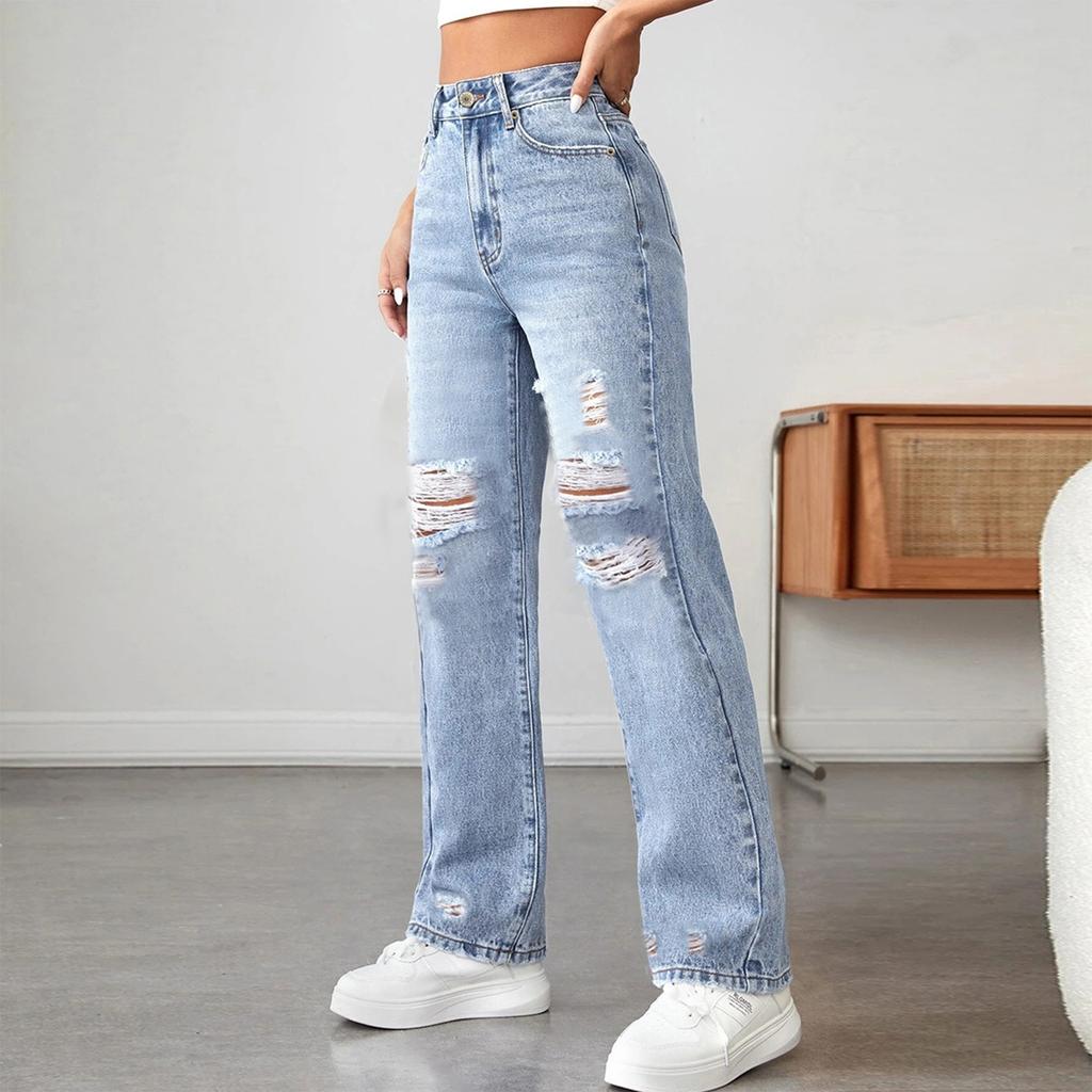 Women's High Waist Washed Women's Jeans Fashionable Versatile Straight Leg Pants
