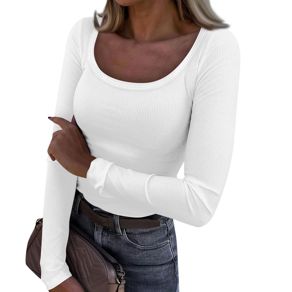 Women's  And Winter Slim Bottom T-shirt Fashion Casual Solid Color U Neck Pullover Long Sleeve Top