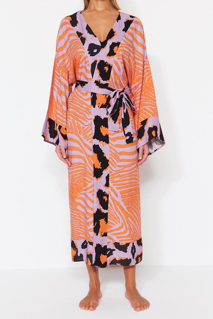 Women's Fashion New Kimono&Kaftan Ethnic Patterned Belted Maxi Woven KimonoKaftan