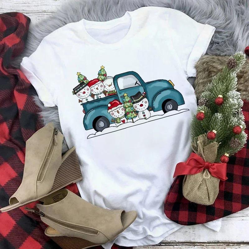Truck SnowUnisex Family Christmas TShirt Womens Short Sleeve Cute Casual Top Cartoon SnowUnisex with Santa Hat Print