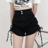Summer High Waist Denim Shorts Korean Style Black Blue Color Side Drawstring Double Buttons Up Short Jeans