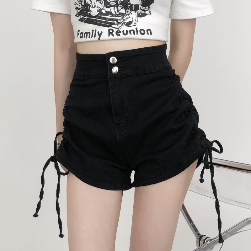 Summer High Waist Denim Shorts Korean Style Black Blue Color Side Drawstring Double Buttons Up Short Jeans