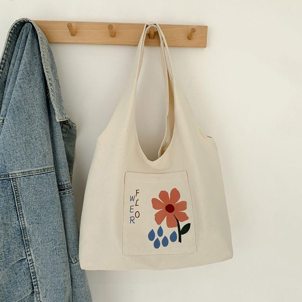 Korean Style Canvas Shoulder Bag Large Capacity Women's Armpit Bag Cute Flower Tote Bag  Girls