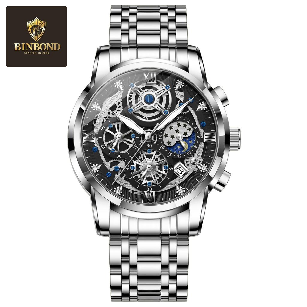 BINBOND Luxury Man Watch Waterproof Luminous Chronograph Date Men Watch Stainless Steel Quartz Men's Watches