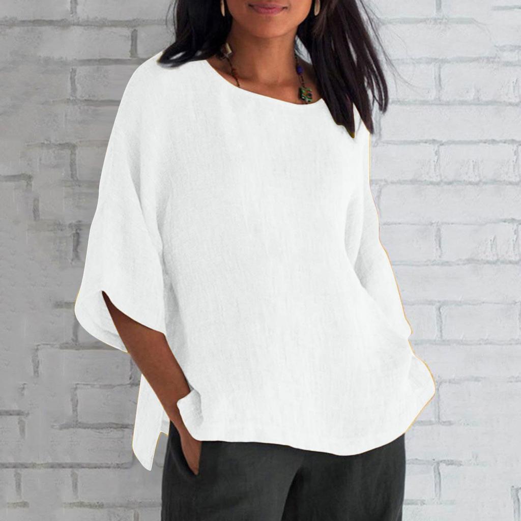 Women's Fashion Half Sleeve Round Neck Solid Colour Loose Casual Shirt Top