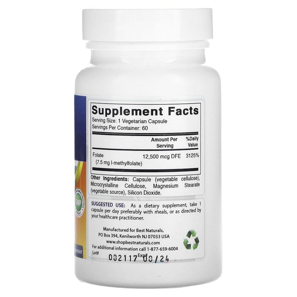 Best Naturals, Метилфолиевая кислота, 7500 мкг, 60 вегетарианских капсул