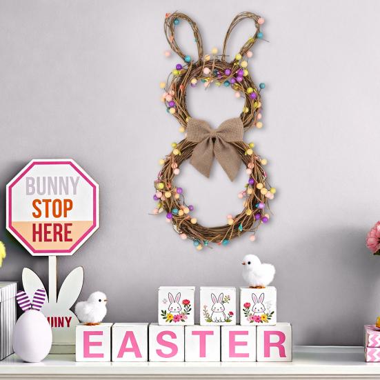 Easter Bunny Wreath with Pastel Eggs Artificial Twig Wreath with Burlap Bow Spring Rabbit Shaped Door Wreath for Front Door Decor