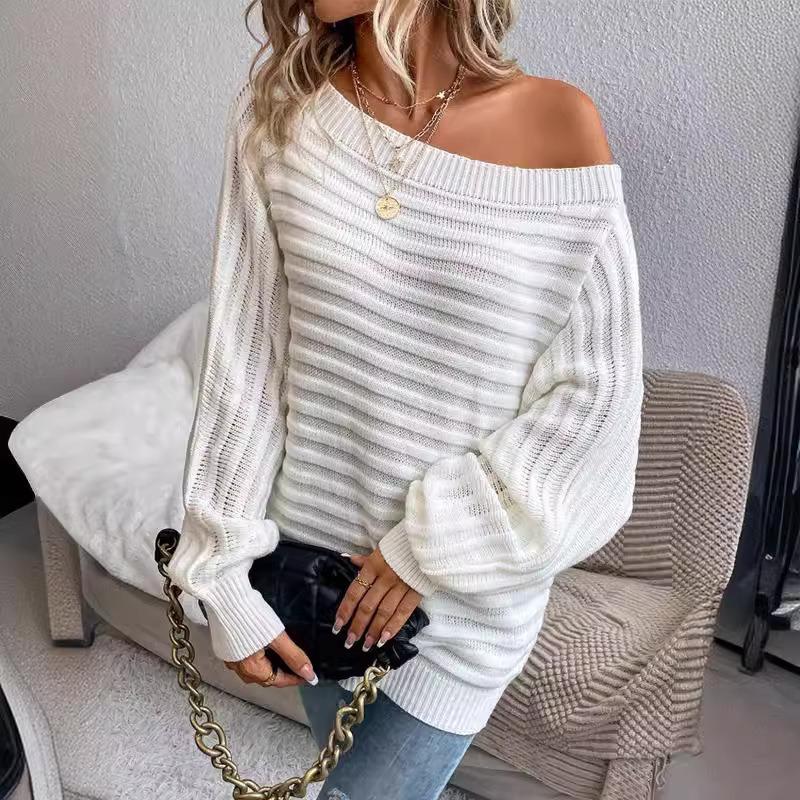 Women S Solid Color One Shoulder Long Sleeve Knit Pullover Sweater