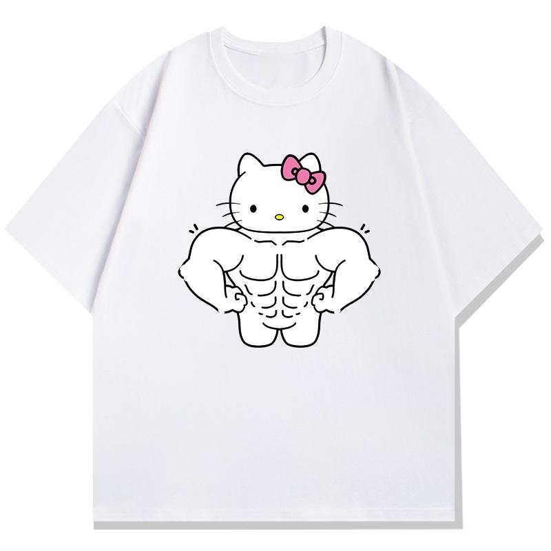 Hello Kitty Fitness Theme Printed Childrens Tshirt Loose Casual Round Neck Parent Child Short Sleeve 2026 Summer New Style