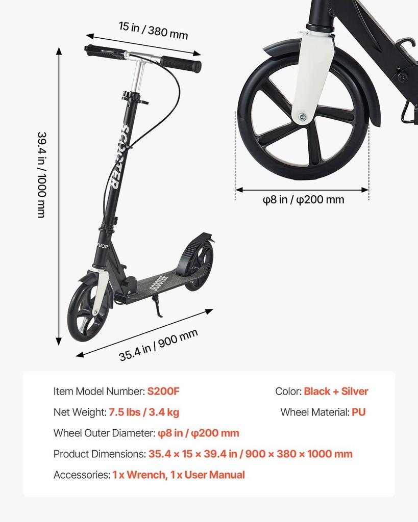 Kick Scooter for Kids Ages 8+, Teens & Adults, 2-Wheel Toddler Scooter with Adjustable Height Handlebar, Wide Anti-Slip Deck, Foldable Lightweight for