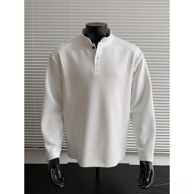 Dongjie No Logo Flus Autumn Henry Collar Straight Shoulder Composite 270g Heavy Cotton Long Sleeve T-Shirt Men's Sweatshirt