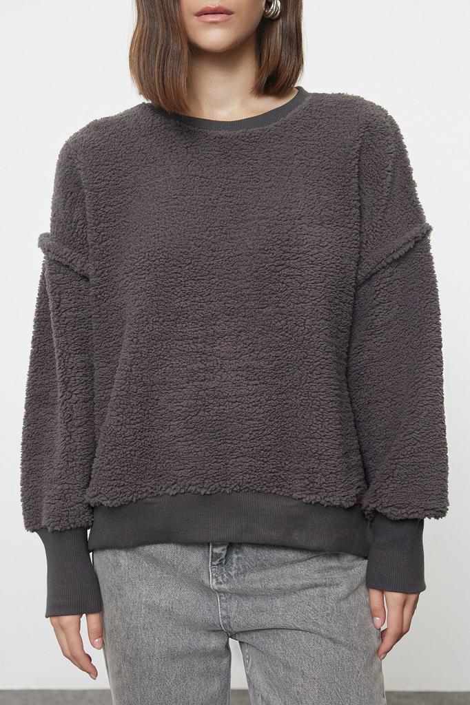 Женская модная стильная толстовка антрацитового плюша, непринужденная удобная удобная посадка с круглым вырезом, плюшевая вязаная толстовка