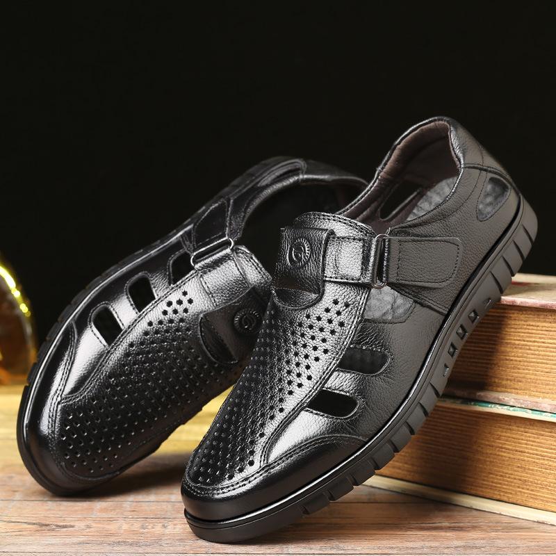 Мужские кожаные сандалии для пожилых людей, дышащие дырчатые туфли, нескользящие полые отцовские туфли, крутые мужские кожаные туфли