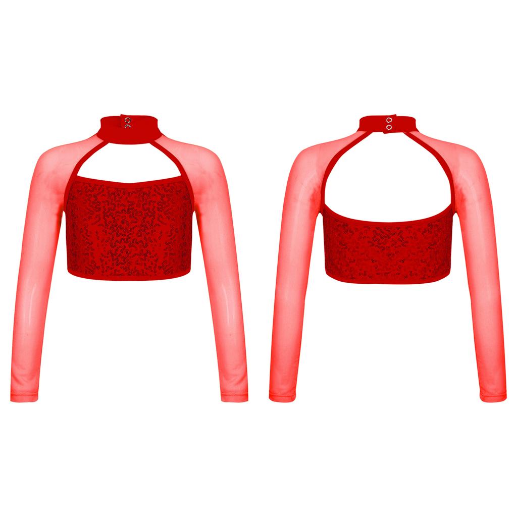 Детский кроп-топ с длинным рукавом, пайетками и сеткой для танцевальных выступлений