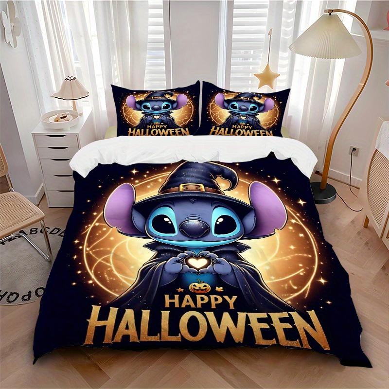 3pcs Happy Halloween Stitch Bedding Set, Including 1 Quilt Cover and 2 Pillow Shams, Without Filling, Soft and Comfortable Home Bedroom Fabric, F