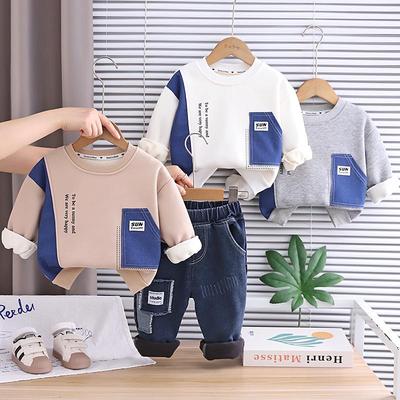 Комплект из 2 предметов с длинным рукавом для мальчиков, 0-5 лет Детская флисовая толстовка с английским принтом + джинсовые брюки