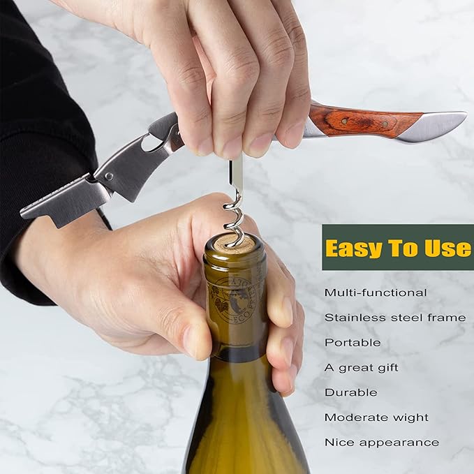 Штопор официанта, Открывалка для винных бутылок, Сверхпрочная нержавеющая сталь, Рукоятка из палисандра, Винный ключ в форме акулы, Подарок для официантов, барменов, сомелье