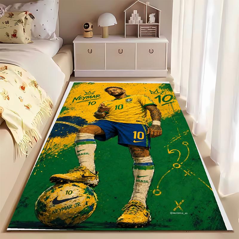 Sports Area Rug, Neymar Jr Brazil Yellow Number 10 Standing On Ball Thumbs Up Grunge Print, Fan Decor, Non-Slip Mat