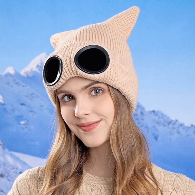 Autumn Winter Windproof Glasses Cap Women's Velvet Warm Knitted Hat Outdoor Ski Ear Protection Cap