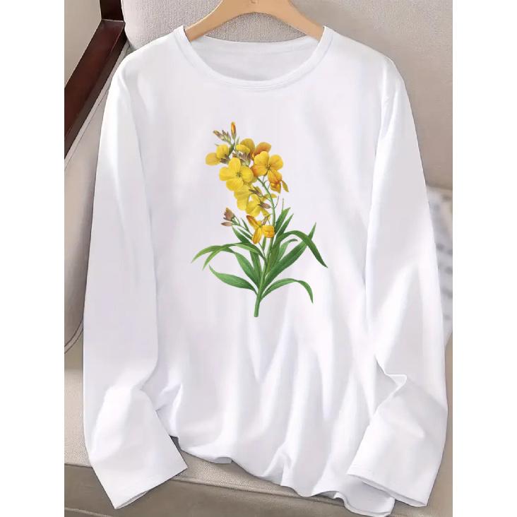 Floral pattern print T Casual long-sleeved round-neck top, fashionable all-season women's clothing, stylish, elegant, and intellectual design