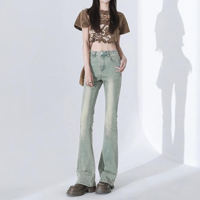 Light American Style Micro-flare Jeans for Women In Spring New High-waist Slim Bell-flare Trousers