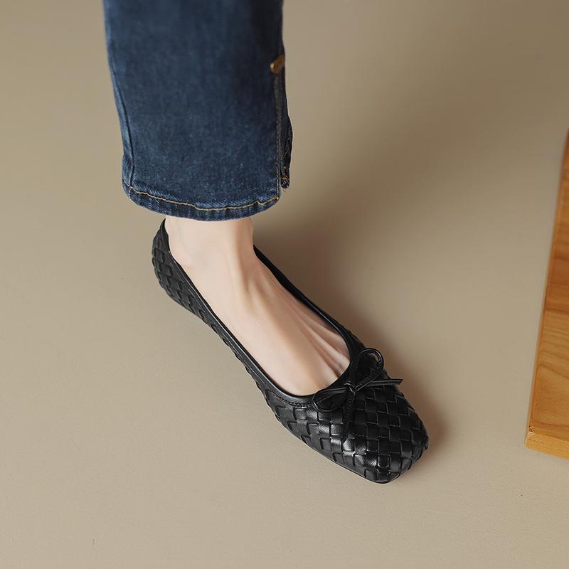 Модные ретро туфли на плоской подошве с квадратным носком, плетеные туфли 2024 года, новые женские удобные мягкие балетки из натуральной кожи на низком каблуке