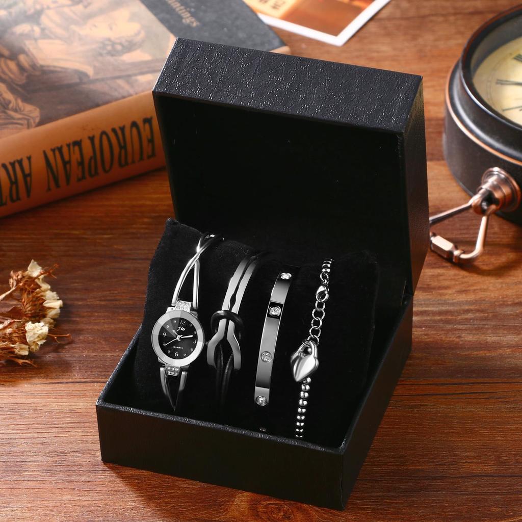 Cute Stainless Steel Bangle Silver Infinity Code Heart Bracelet Waterproof Quartz Watch Bracelet 4 Piece Set Christmas Day Gift for Mother Women's