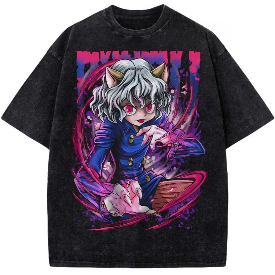 Футболка с принтом Killua Zoldyck Hunter x Hunter Аниме Одежда Мужская Хлопковые Футболки Винтажная Стирка Футболка Харадзюку Оверсайз Футболка