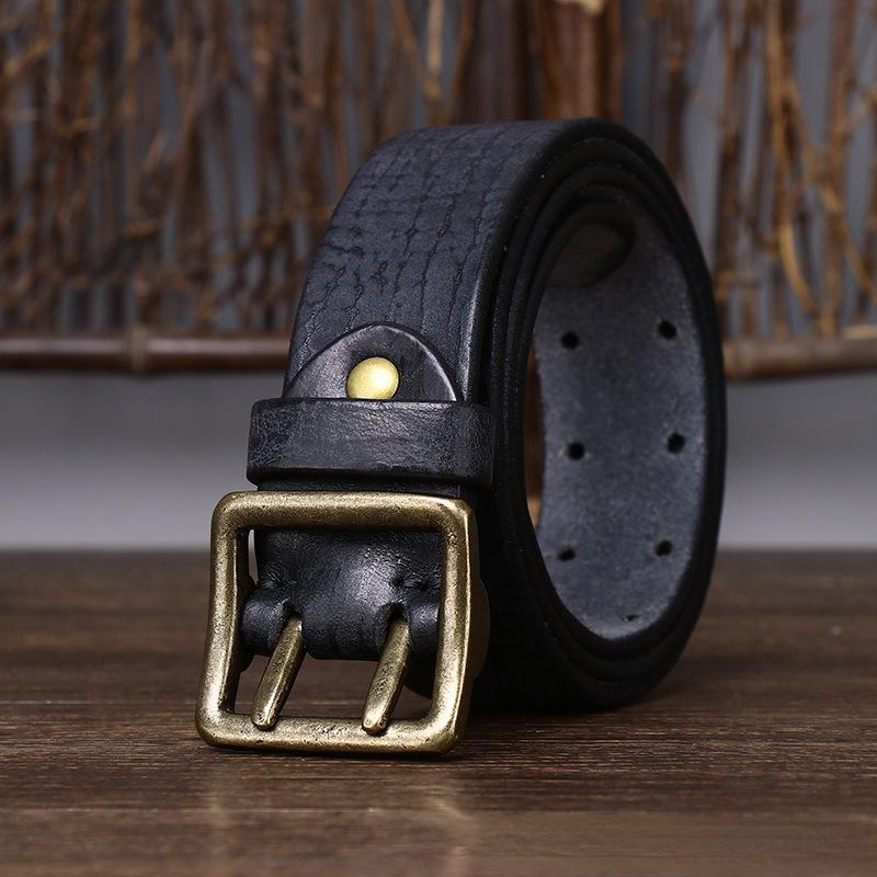 Ремень мужской в ​​корейском стиле, ретро, ​​потертый, модный, уникальный, с двойной иглой, латунная пряжка, натуральная кожа, джинсовый ремень из натуральной яловой кожи