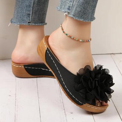 Модная женская обувь на распродаже 2025 Шлепанцы женские с открытым носком Уличные повседневные шлепанцы Женские туфли на танкетке большого размера с бантом и цветочным принтом Женские сандалии