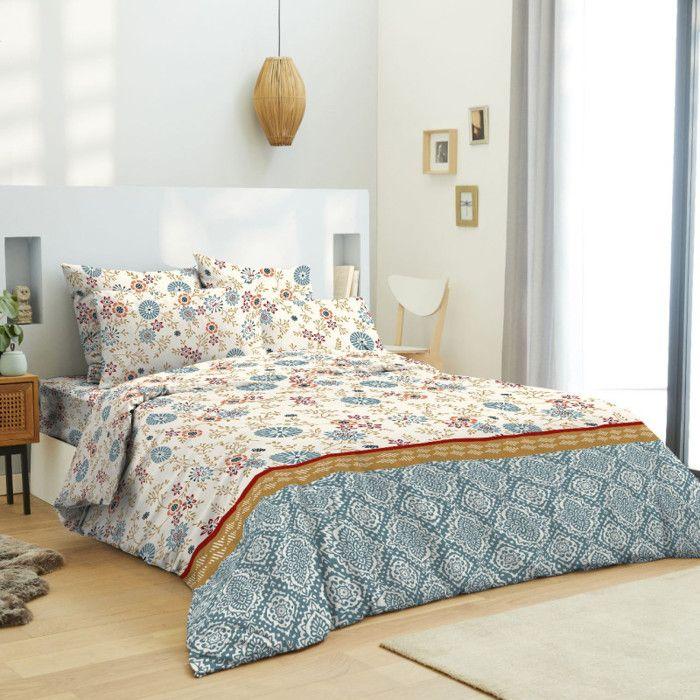 Pack complet housse de couette réversible pour lit 140 x 190 cm Nature bleu
