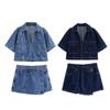 Women's Fashion Flip Pocket Decoration Short Flip Collar Slim Fit Denim Top + Asymmetric Denim Skirt 2 Piece Set