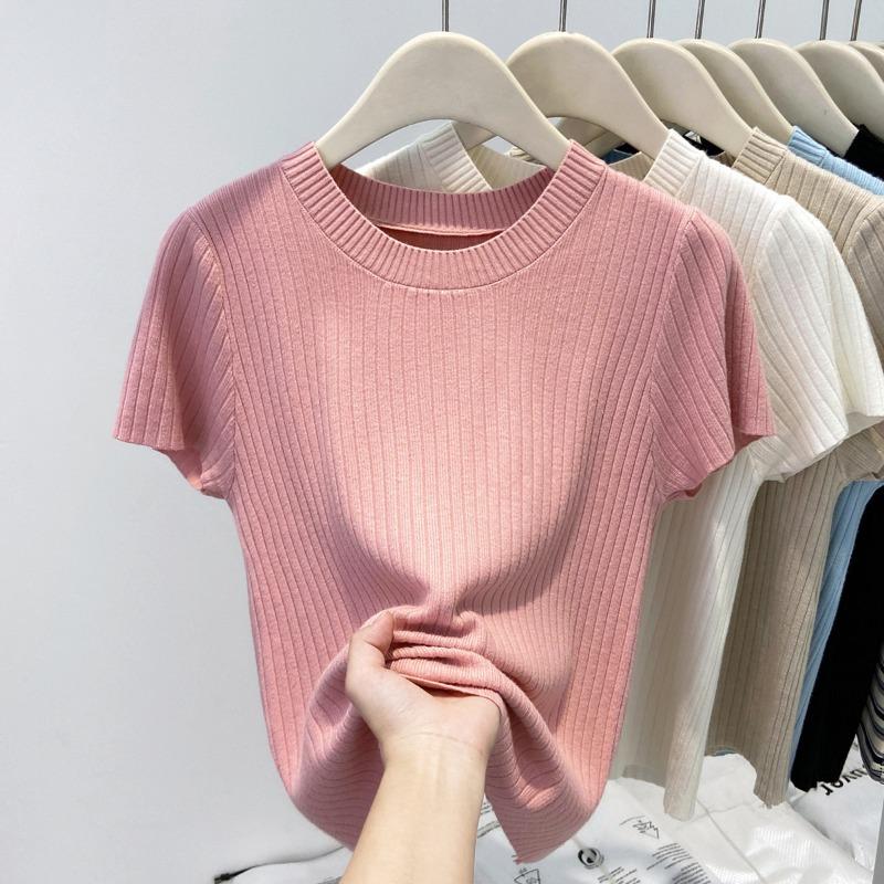 Нежный ветрозащитный трикотажный топ с короткими рукавами, круглым вырезом, женский летний, мягкий, восковой и тонкий, однотонный, с темпераментом, базовый