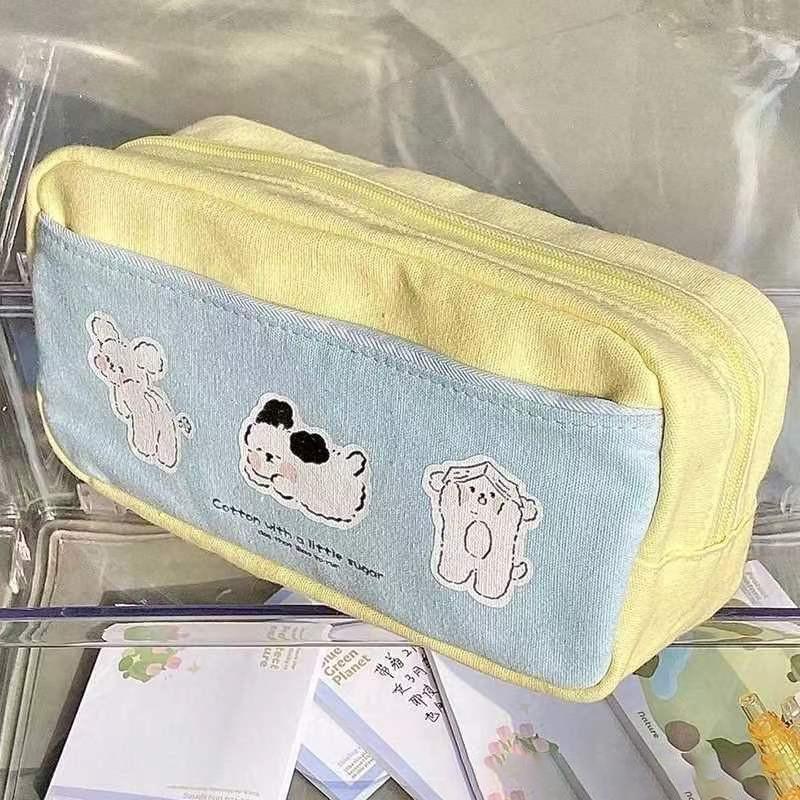 Cute Three Puppies Large Capacity Pencil Case Lovely Canvas Pencil Bag Stationery Storage Pouch For School Supplies Student Gift