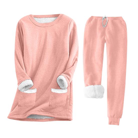 2 шт./комплект женский топ брюки костюм однотонный длинный рукав О-образный вырез топ эластичный пояс толстые брюки с плюшевой подкладкой спортивный фитнес-костюм