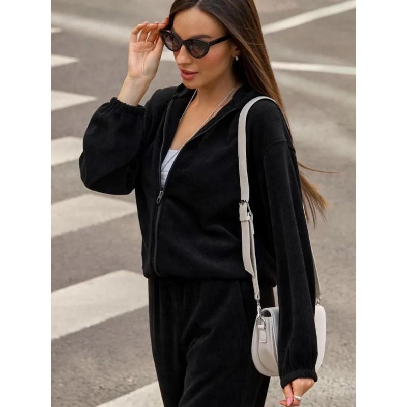 Womens Casual 2-Piece Set Long Sleeve Hooded Top Elastic Waist Wide Leg Pants Pure Color Streetwear