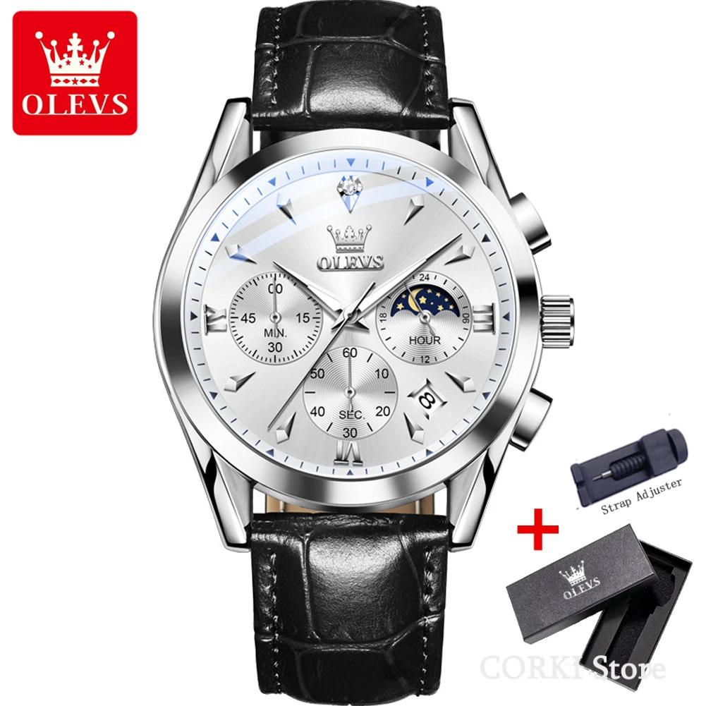 OLEVS 3609 Luxury Leather Quartz Mens Wristwatches Original Moon Phase Chronograph Waterproof Luminous Watch for Men Reloj Mujer