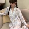 Spring and Summer Girls Cute Kitten Printed Ice Silk Long Sleeve Pajamas Women's Cardigan Trousers Home Clothes Suit