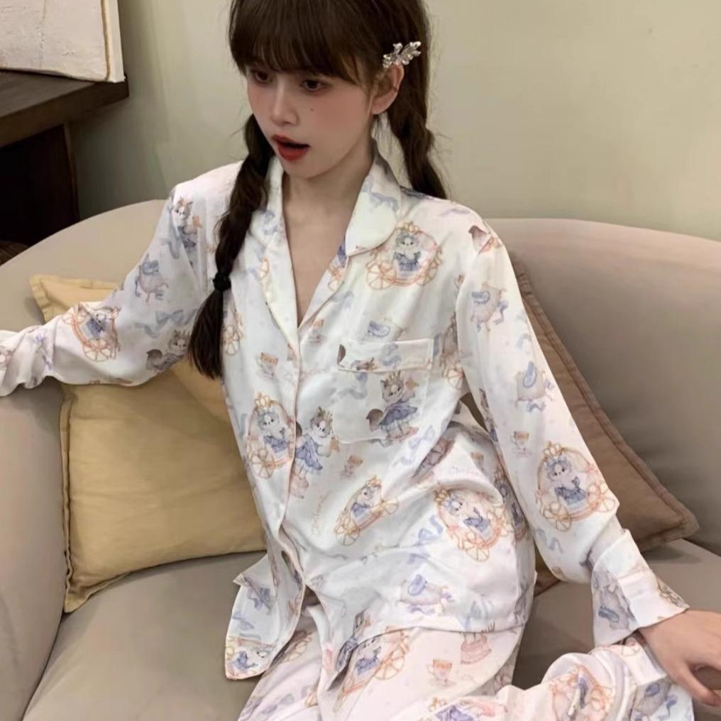 Spring and Summer Girls Cute Kitten Printed Ice Silk Long Sleeve Pajamas Women's Cardigan Trousers Home Clothes Suit