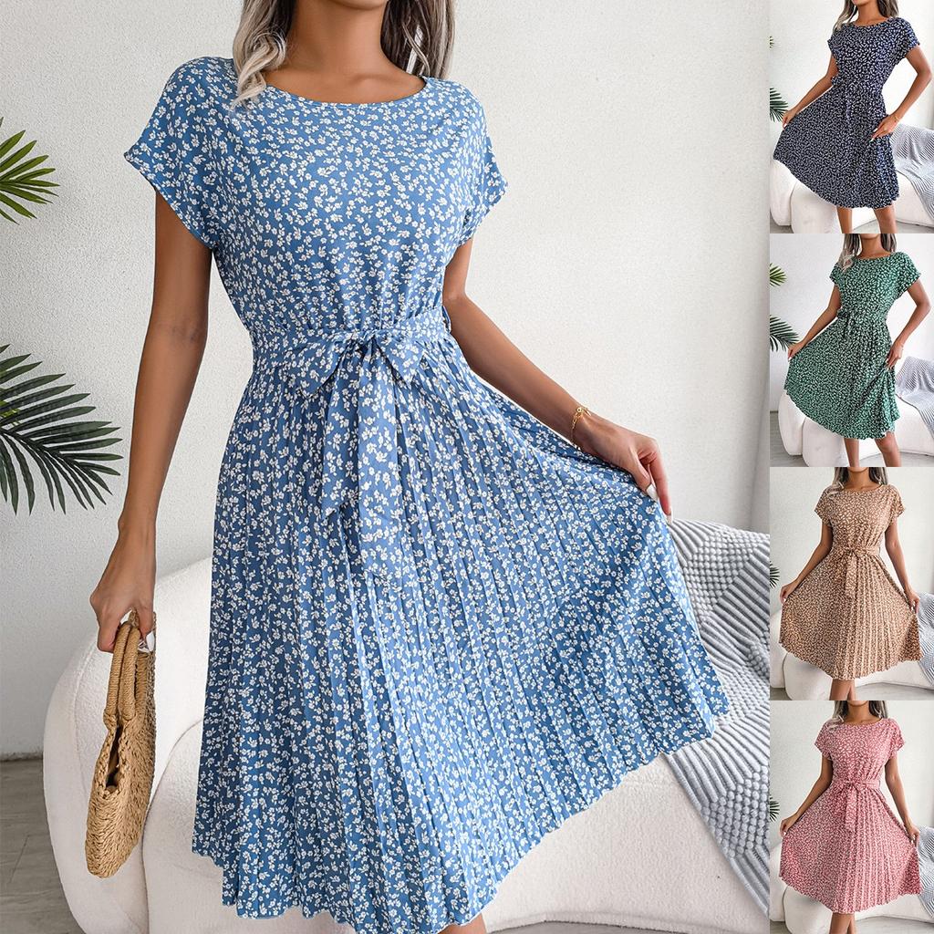 Women's Casual Short-sleeved Floral Pleated Dress