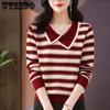 Spring and Autumn Women's Jacquard Lapel Striped Sweater Knitted Sweater Loose Base Sweater