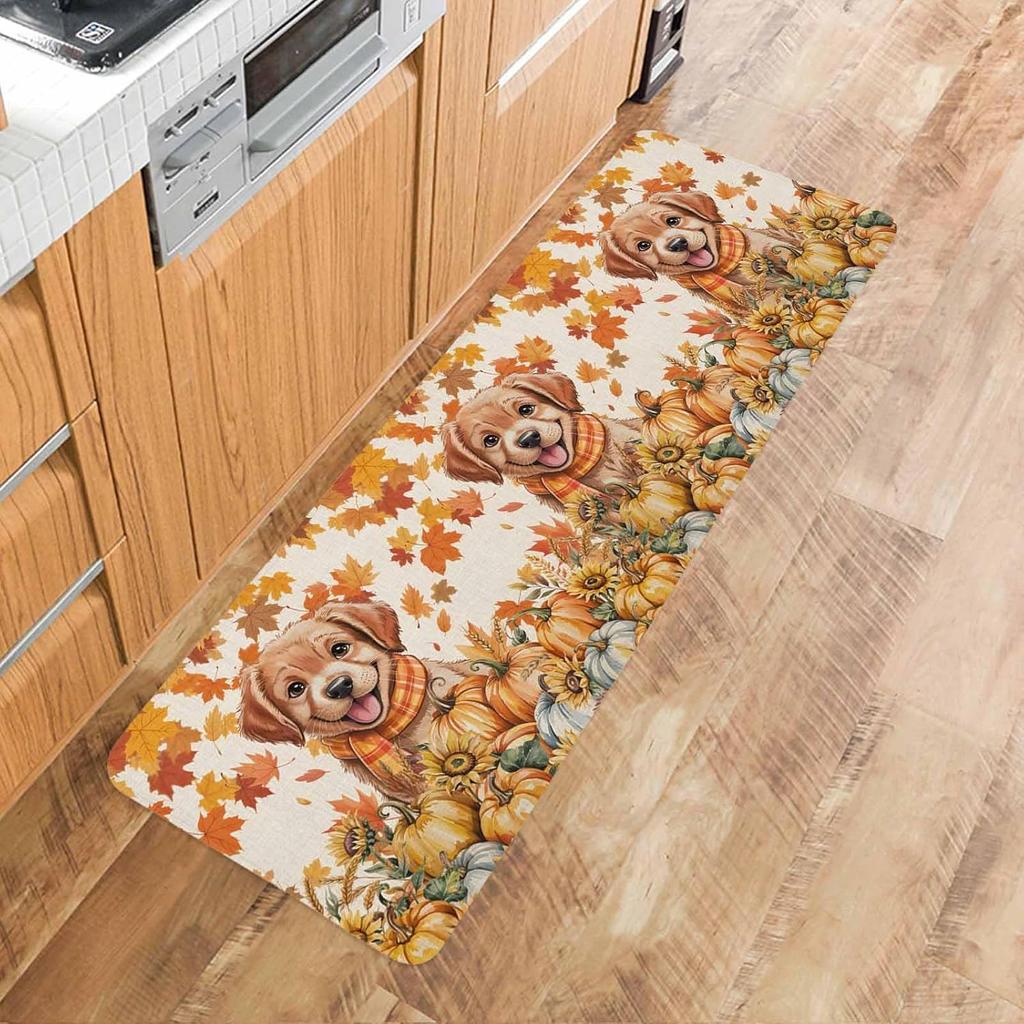 Thanksgiving Pumpkin Dog Kitchen Mat Fall Maple Leaf Sunflower Welcome Doormat Bedroom Balcony Hallway Non-slip Rug Autumn Decor