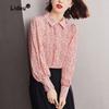 Fashion Pink Printing Single-breasted Blouse Women Classic Lantern Sleeve Casual Polo Collar Elegant Office Chiffon Lady Shirt