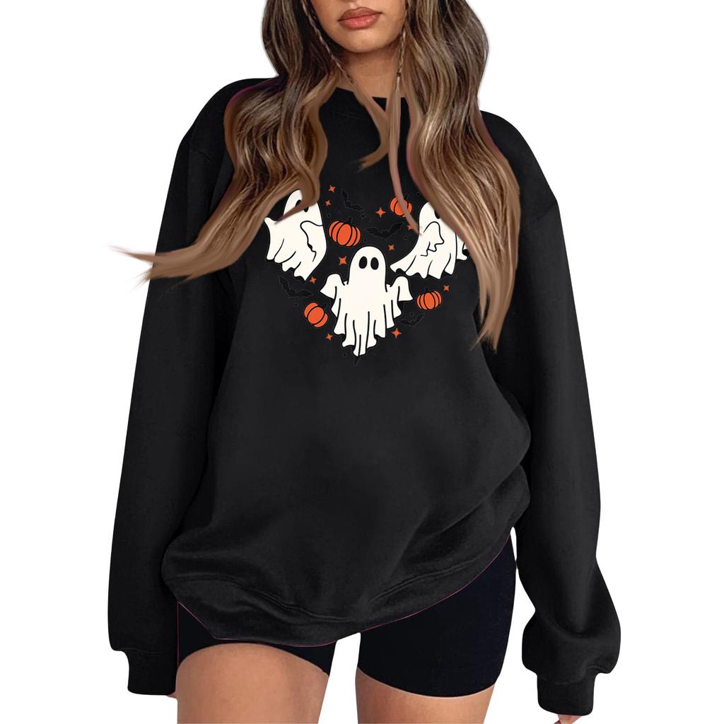 Women's Fashion Round Neck Long Sleeve Hoodie Halloween Small Print Hoodie