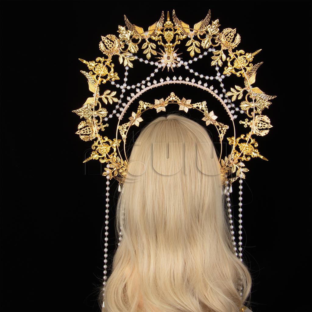 Exaggerated Oversized Sun Goddess Angel KC Halo Crown Queen Headpiece Gold Baroque Pearl Tiara Lolita Headband for Photo Prop