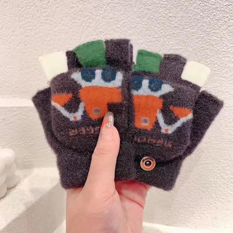 Милые детские перчатки-перевертыши с мультяшным принтом и бархатной подкладкой для тепла и защиты от холода — идеально подходят для письма осенью и зимой