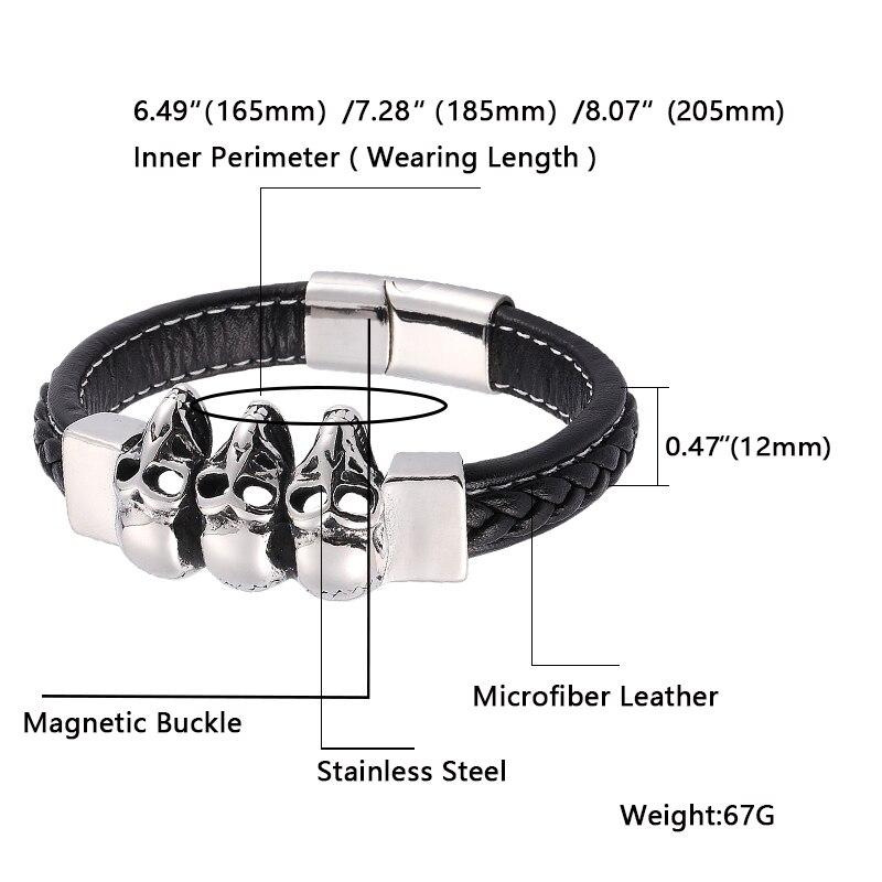 Панк-браслет Череп Скелет Нержавеющая сталь Кожаные браслеты и браслеты Мужские черные плетеные кожаные панк-мужские украшения BB0188