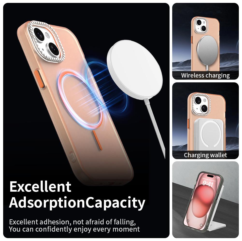 For iPhone 15 Plus/14 Plus Case Compatible with MagSafe TPU+PC+PET Phone Cover Rhinestone Decor Lens Frame