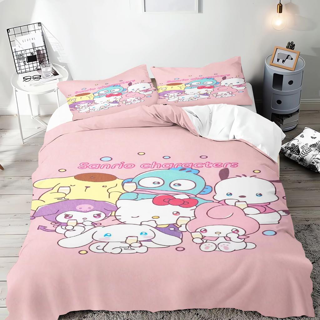 Серия Sanrio Набор постельного белья пододеяльник Kuromi для детей Размер King-size Роскошный чехол 100% Полиэстер 3 предмета Рождественские подарки Декор для дома
