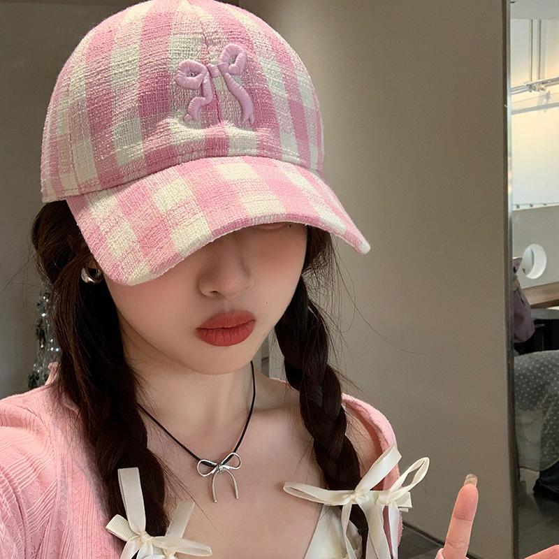 RICYGVM Embroidery Bow Baseball Hat Women Outdoor Sun Protection Visors Fashion Plaid Duckbill Cap Korean Girls Duck Tongue Caps